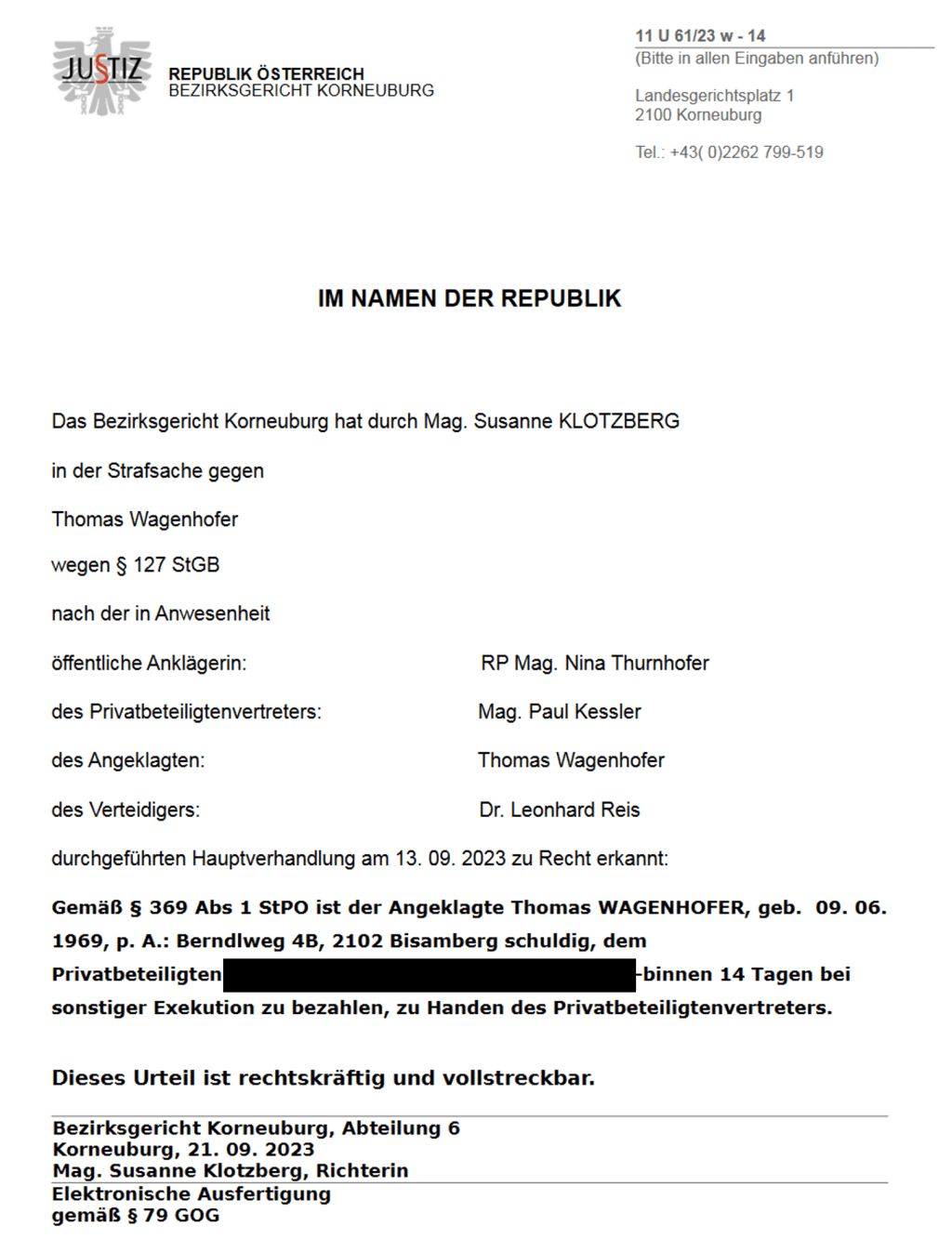 Das rechtskräftige Urteil gegen Thomas Wagenhofer