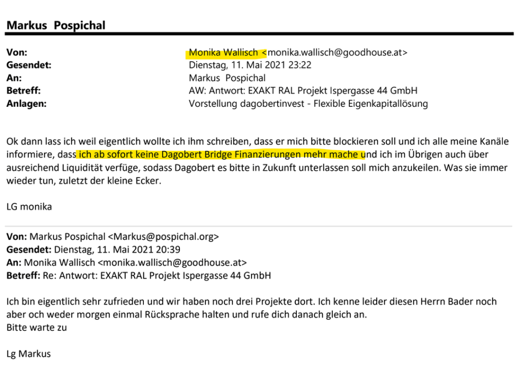 Kommunikation von Monika Wallisch mit Markus Pospichal über Dagobert Invest