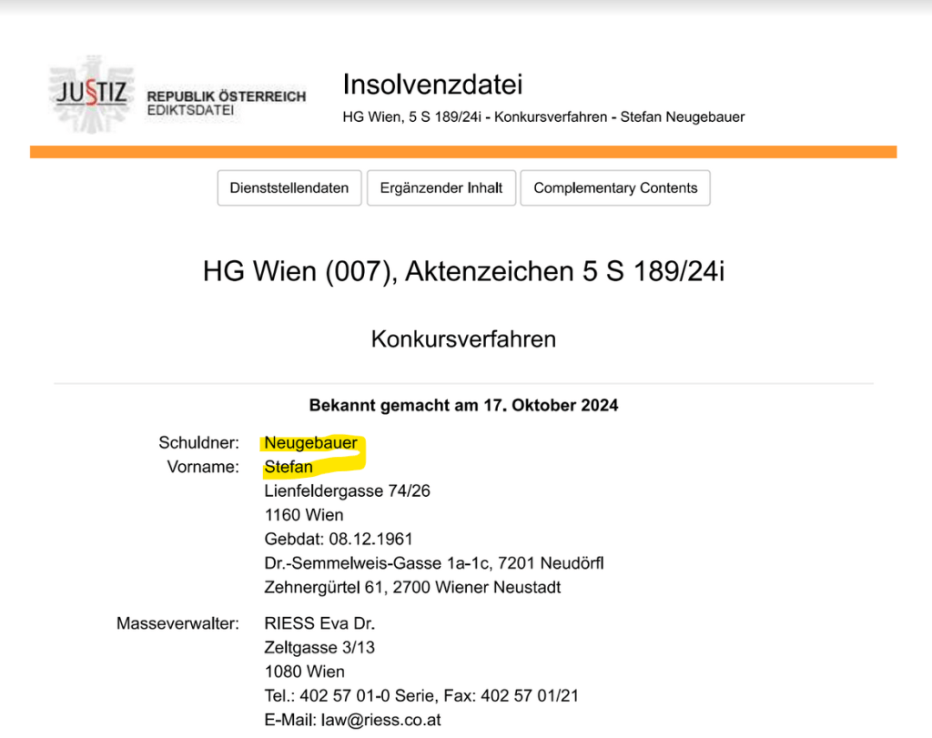 Konkurseröffnung über Stefan Neugebauer