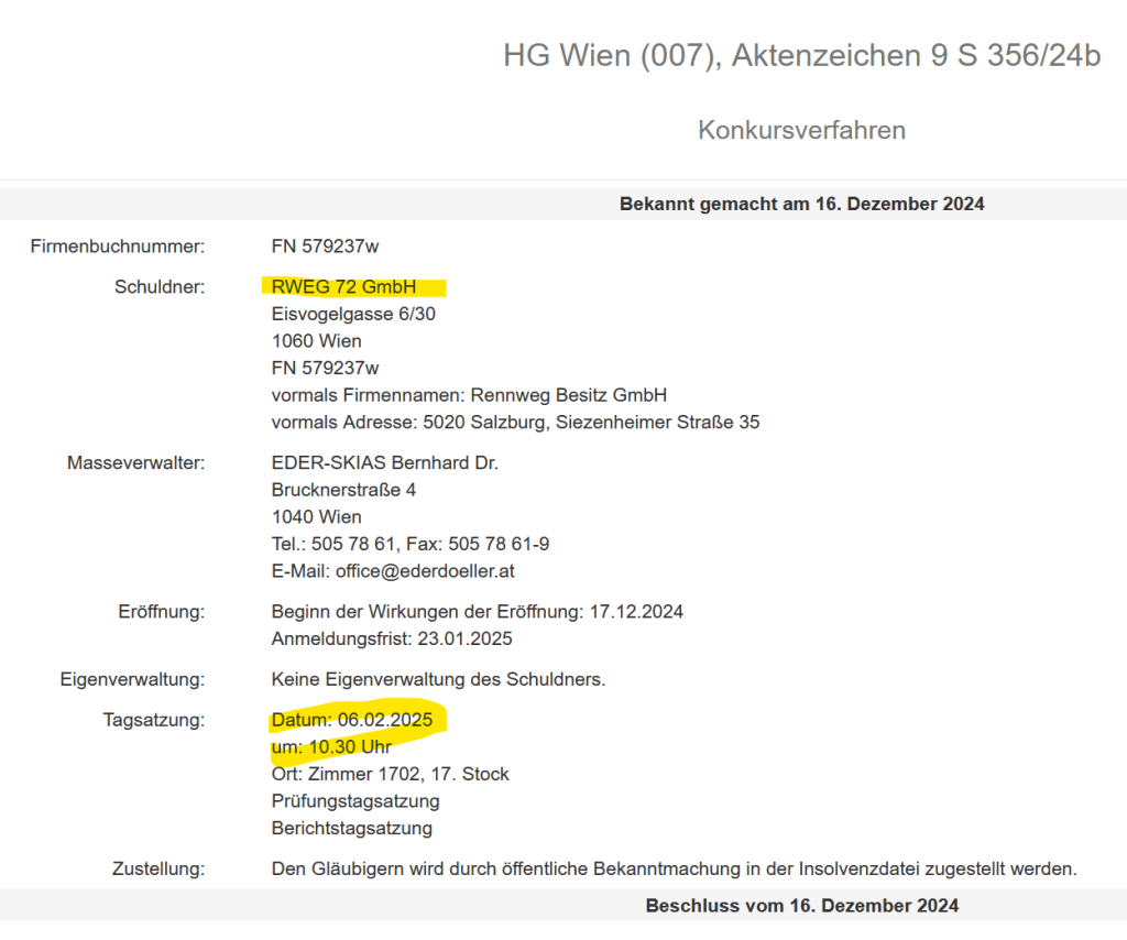 Harald Schmidt schickt Martin Voithofers RWEG 72 in Konkurs