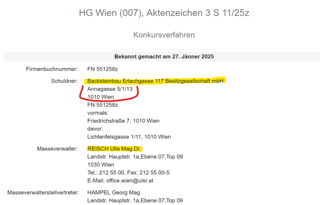 Backsteinbau Erlachgasse der LNR Gruppe von Lukas Neugebauer in Konkurs
