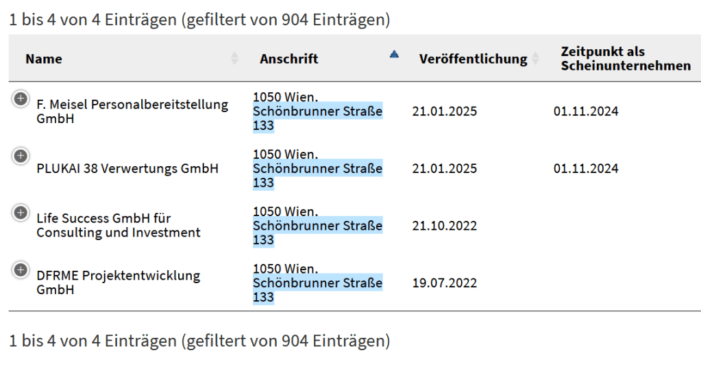 Scheinfirmen an der Wiener Adresse Eisvogelgasse 6