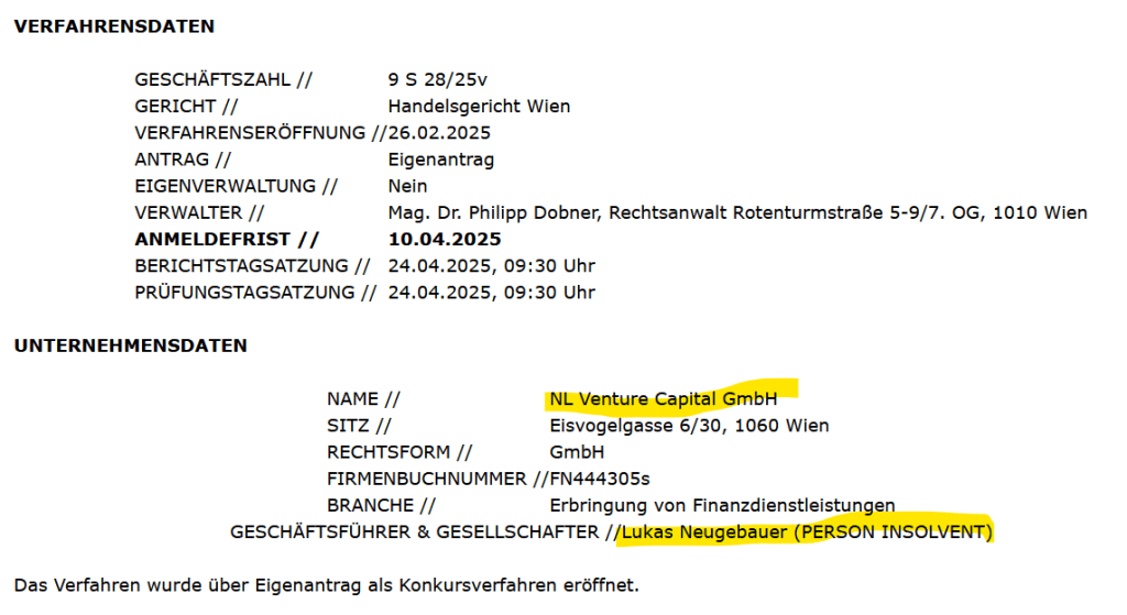 Die Insolvenz von Lukas Neugebauers NL Venture Capital
