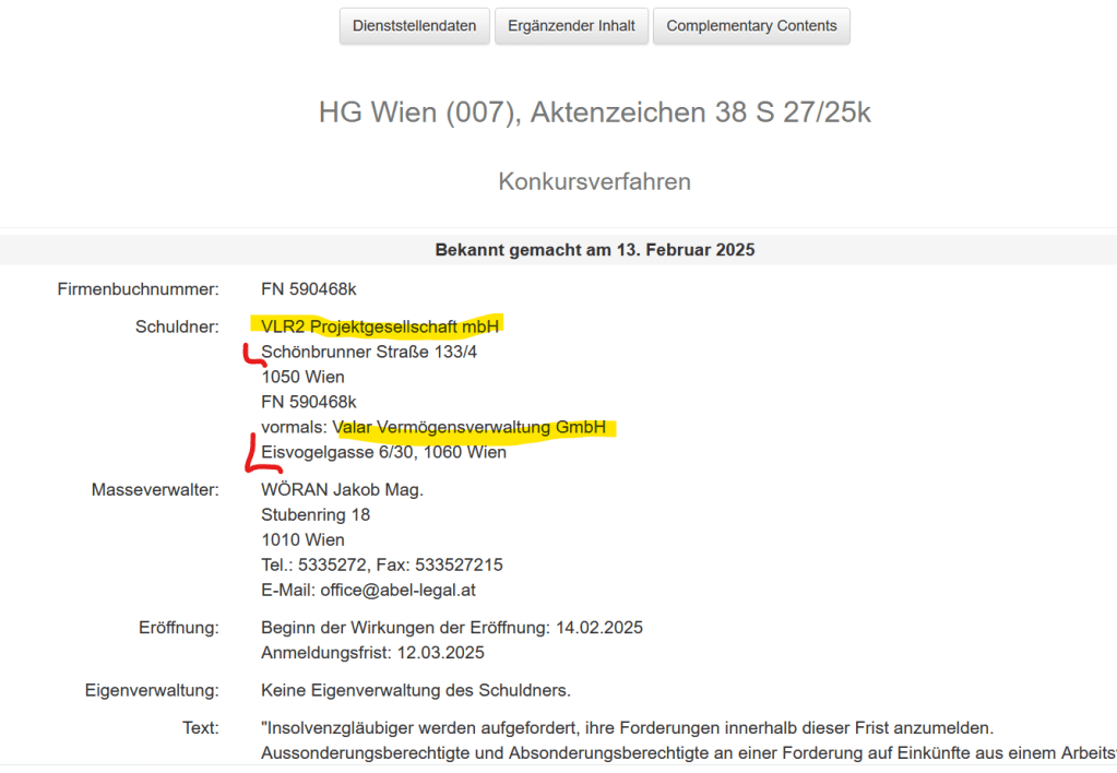 Der Konkurs der VLR2 die früher als Valar aus der LNR Gruppe von Lukas und Stefan Neugebauer tätig war